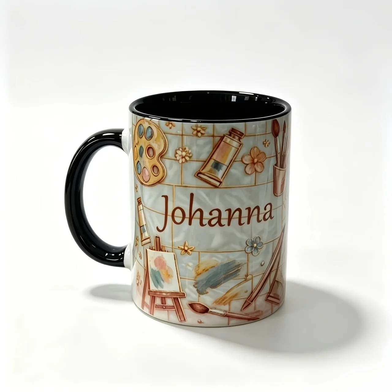 Custom 11oz White Ceramic Mug with Black Rim Handle Gold Foil Lettering Pearl Easel Palette Print Gift for Artist Teacher view 6