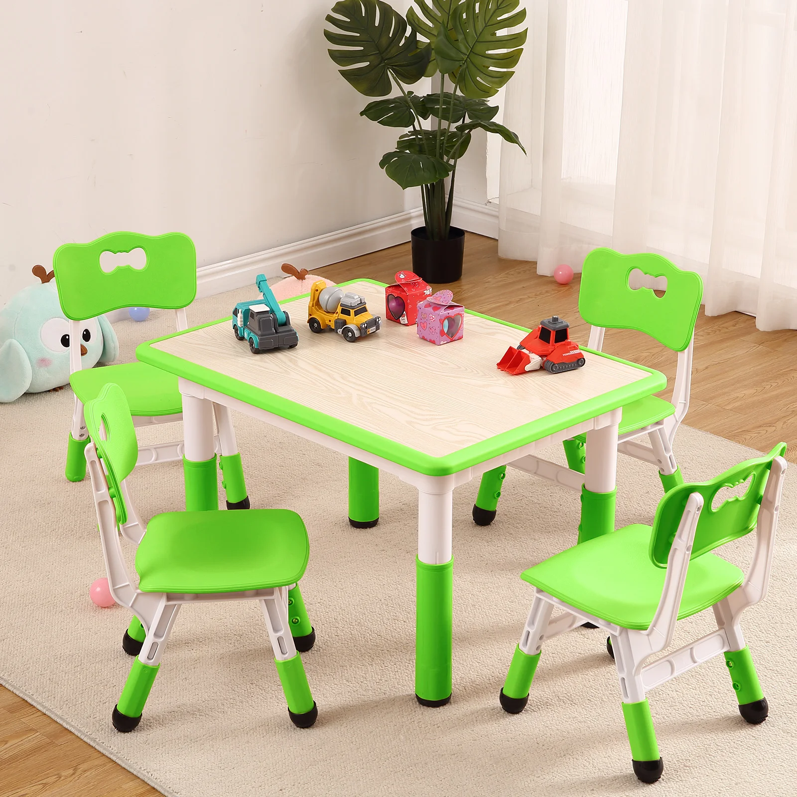 Kids Table and Chairs Set, Height Adjustable Desk With 4 Seats for Ages 2-10,Arts & Crafts Table,Graffiti Desktop, Non-Slip Legs