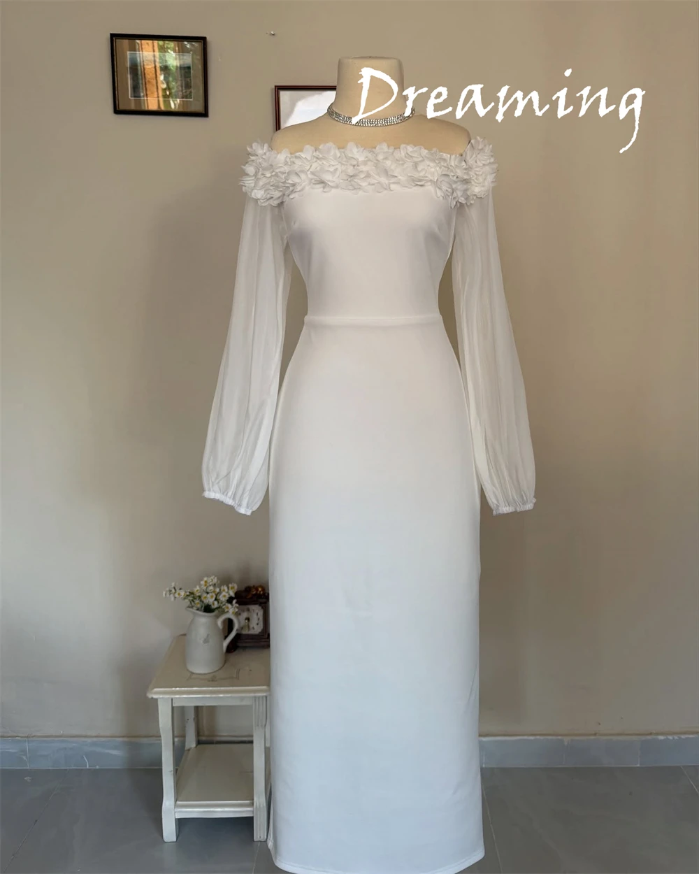 فستان سهرة شيفون أبيض رائع مخصص مخصص موضة رقبة قارب قبالة الكتف وأكمام طويلة فستان الحفلات الناعمة Pr #5