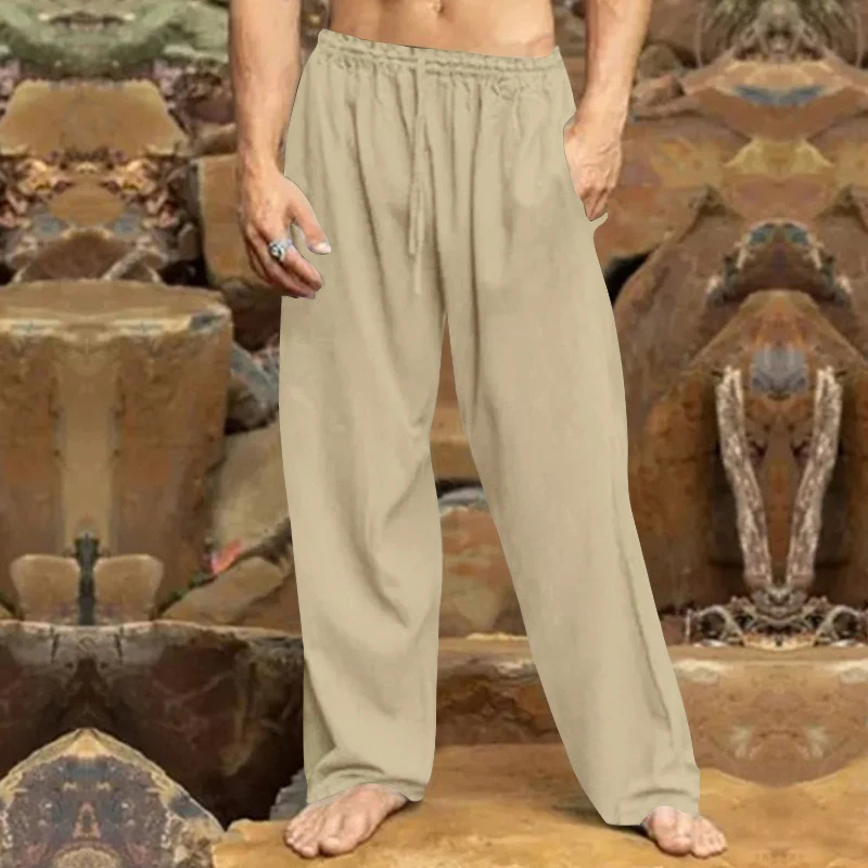 2024 Men\'s Linen Loose Elastic Pants Summer Leisure Beach Straight Solid Color Pants