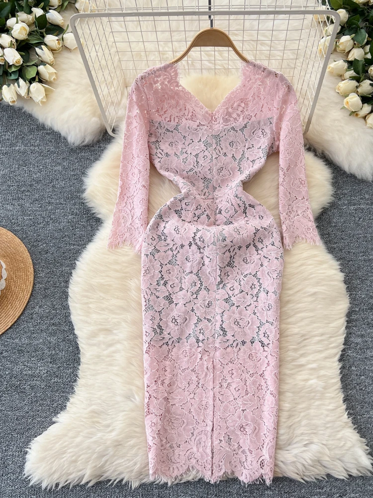 Pink Lace New Dresses for Women 2024 Vestidos De Mujer Long Sleeve V-neck Tunic Robe Femme Slim Waist Hollow Out Jacquard Dress