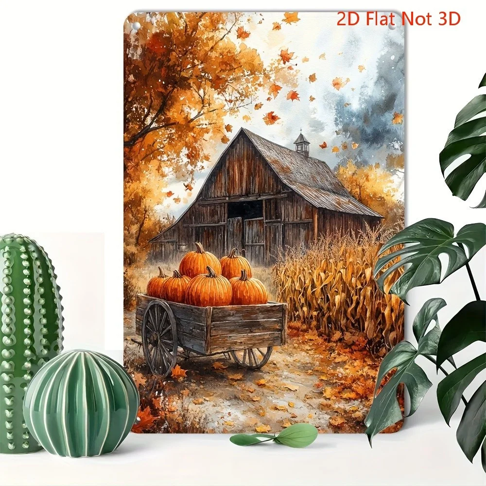 2D Flat 1-Piece 8x12 Inch Metal Sign Rustic Autumn Barn Pumpkin Wagon Watercolor Painting Fall Harvest Home Wall
