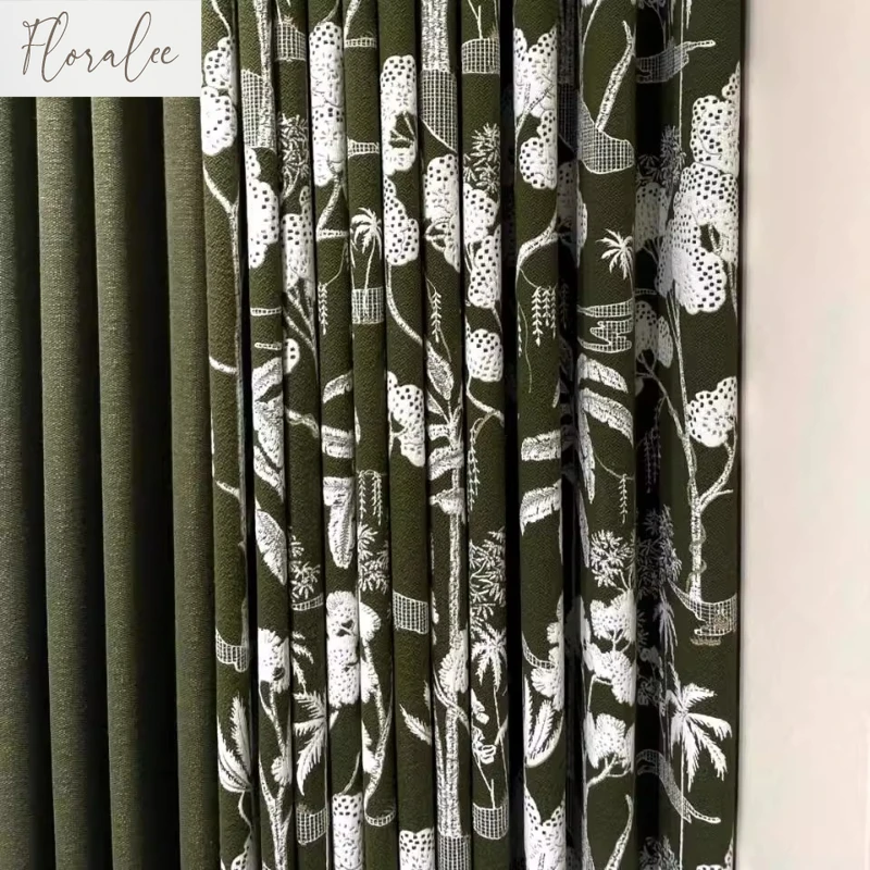 French Style Olive Green Chenille Jacquard Blackout Curtains for Living Room Floor-to-ceiling Windows Custom Hanging Curtains