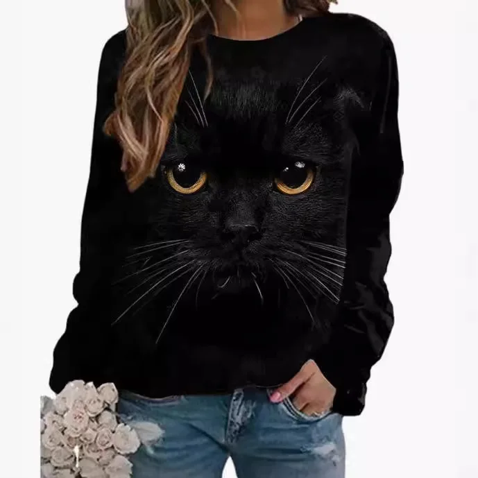 Spring and Autumn European and American new round neck women\'s top 3D printed hooded T-shirt long sleeved animal cat hoodie