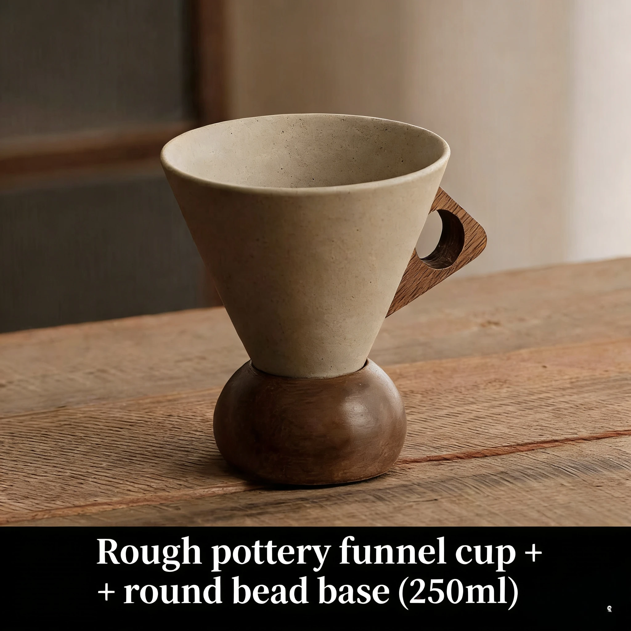 Vintage Funnel Coffee Mug with Wooden Handle & Ball Base, Ceramic Conical Cup for Latte, Americano & Tea