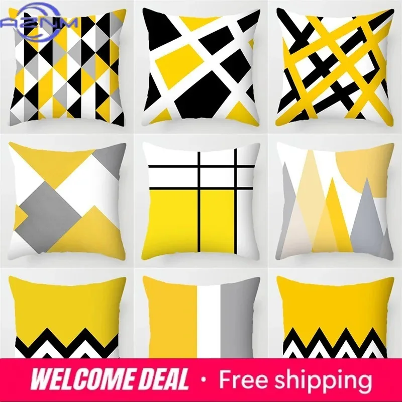 40x40 Yellow Geometric Throw Pillow Case Black Grey Striped Cushion Cover Modern Home Decor for Sofa Living Room Car Chair