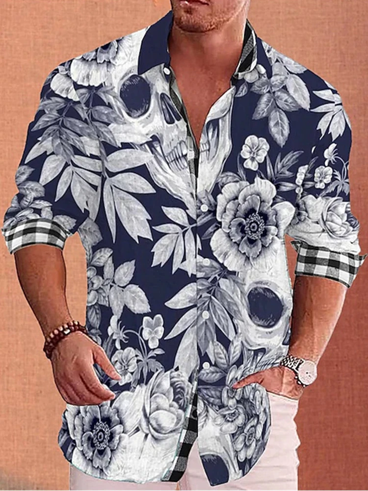 

Fashionable Street Men's Lapel Shirt Fall Long Sleeve Retro Print Men's Shirt Comfortable Single Breasted Long Sleeve Shirt Top