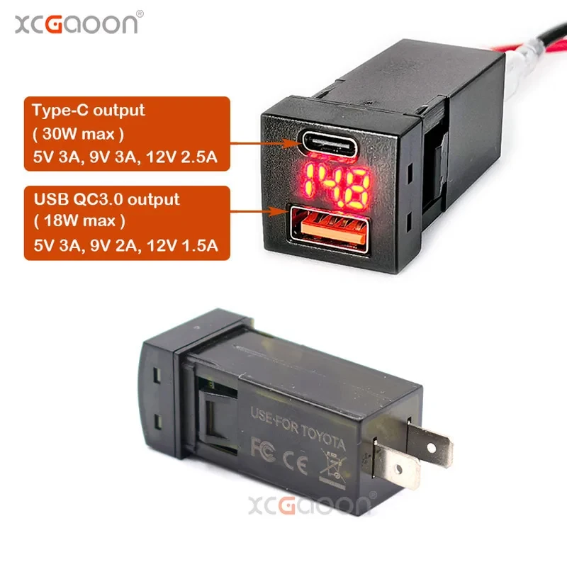48W Type C USB QC3 Cellphone Car Quick Charger With LED Voltmeter for Toyota Land Cruiser Prado 150 Series Rav4 Camry Corolla