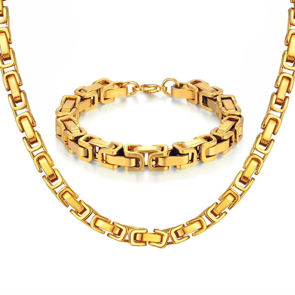 Gold Color Stainless Steel 8mm Thick Heavy Cuban Link Chain Bracelets Necklace For Men Fashion Party Wedding Jewelry Sets Gift