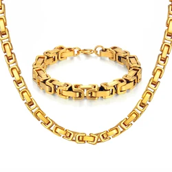 Gold Color Stainless Steel 8mm Thick Heavy Cuban Link Chain Bracelets Necklace For Men Fashion Party Wedding Jewelry Sets Gift