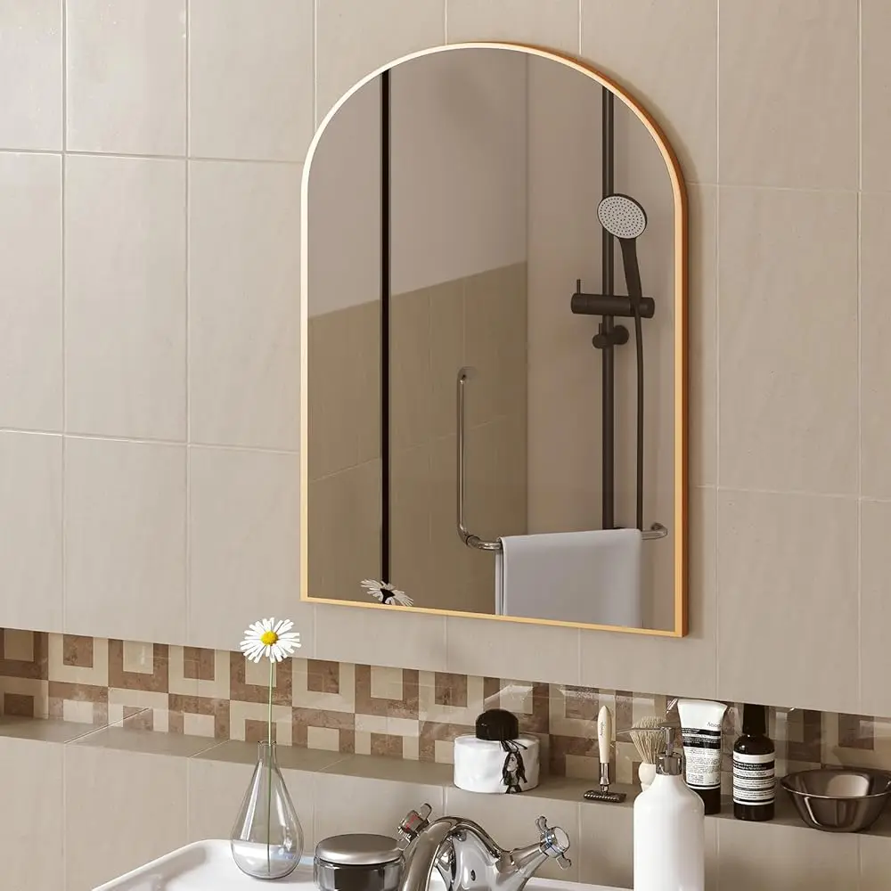 

Gold Metal Arch Vanity Rounded Rectangle Bathroom Mirrors for Over Sink Wall, 21x30 Inch Large Matte Mirror, Modern Decorati