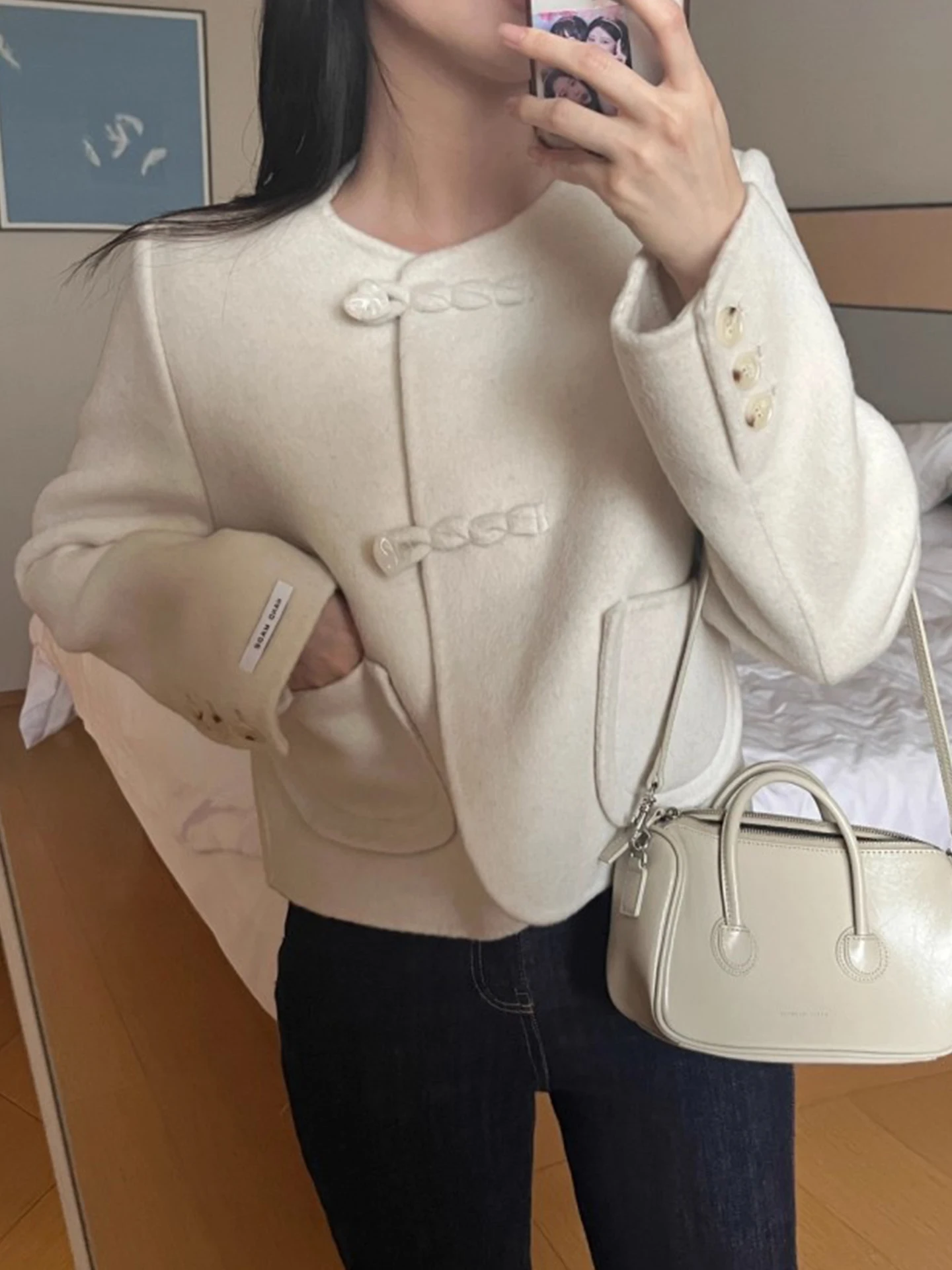 

Ele Chinese Sle Knot Button Long Sve ort Coat Женское модное пальто свободного покроя шерстяная верхняя одежда однотонного цвета