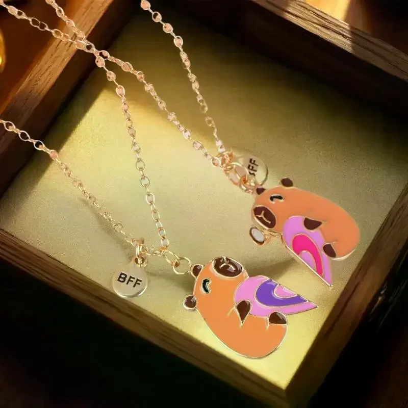 2Pcs Cute Cartoon Capybara Heart Puzzle Pendant Magnetic Best Friend Necklace For Besties Friendship Jewelry Gifts