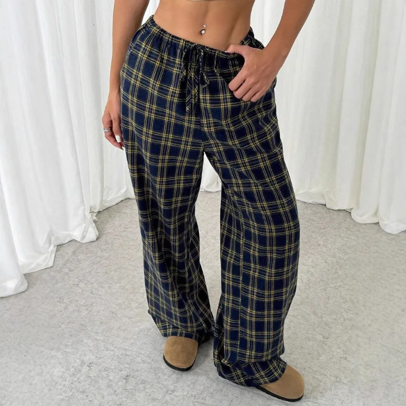 

2025 Autumn and Winter New Women's Clothing Casual Versatile Loose Trousers Drawstring Plaid Pocket Wide-leg Trousers