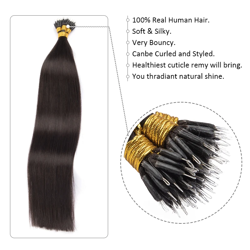 Nanoring-extensão do cabelo humano para mulheres, cabelo humano reto, micro link, 40g, 50g, 100% real