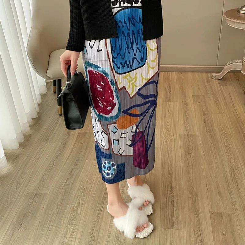 

New summer pleated print high waist skirt female 2023 summer casual fashion printed pleated mid-length split skirt for girls