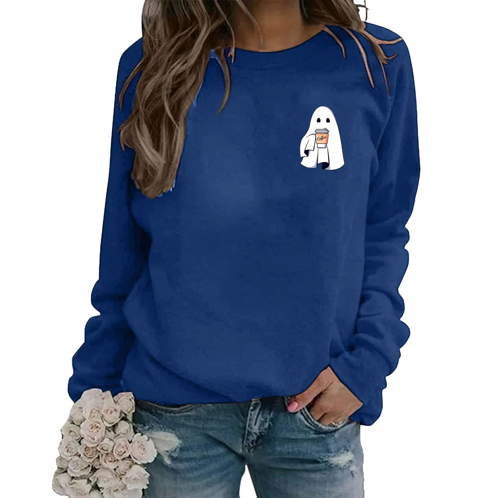 

Women's Ghost Print Pullover Halloween Printed Round Neck Long Sleeve Top Hoodless Sweatshirt Ghost Graphic Hoodie Sweatshirts