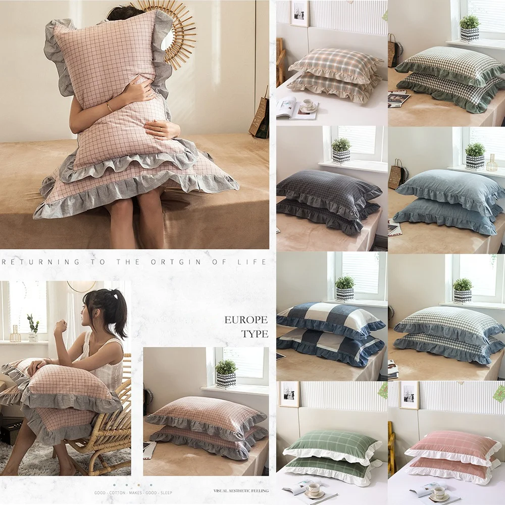 

2pcs 48x74cm 100%Cotton Pillowcase Home Bedding Super Soft Plaid Pillow Cover Ruffled Pillow Case Dorm Room Beautiful Decoration