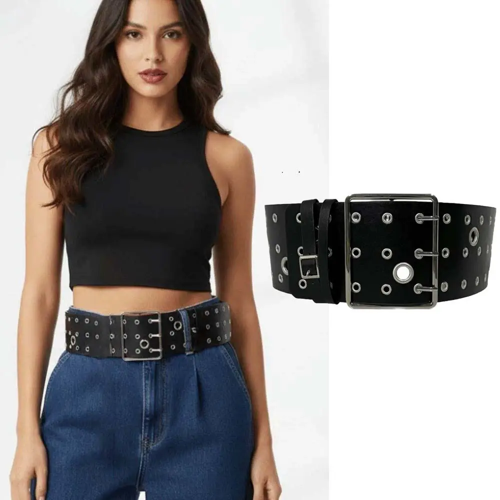 Adjustable Hollow Rivet Wide Belt Three Row Needle Buckle Personalized Design Y2K Cool Girls Belt Vintage American Style