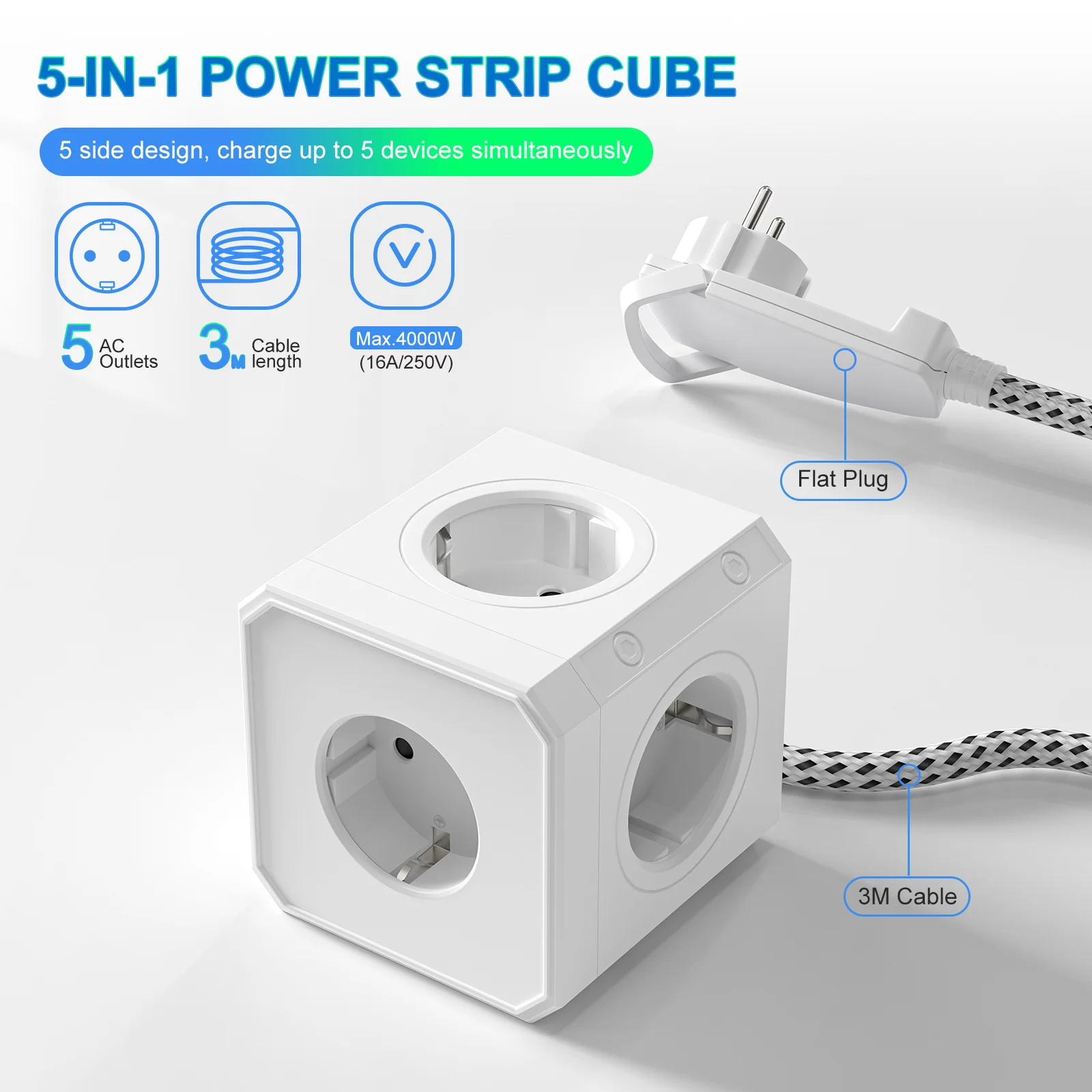 Multiple Plug EU Power Strip with 3m braided cord, 5 AC Power Sockets Cube Outlets Flat Plug Wall Plug Adapter 4000W for Home