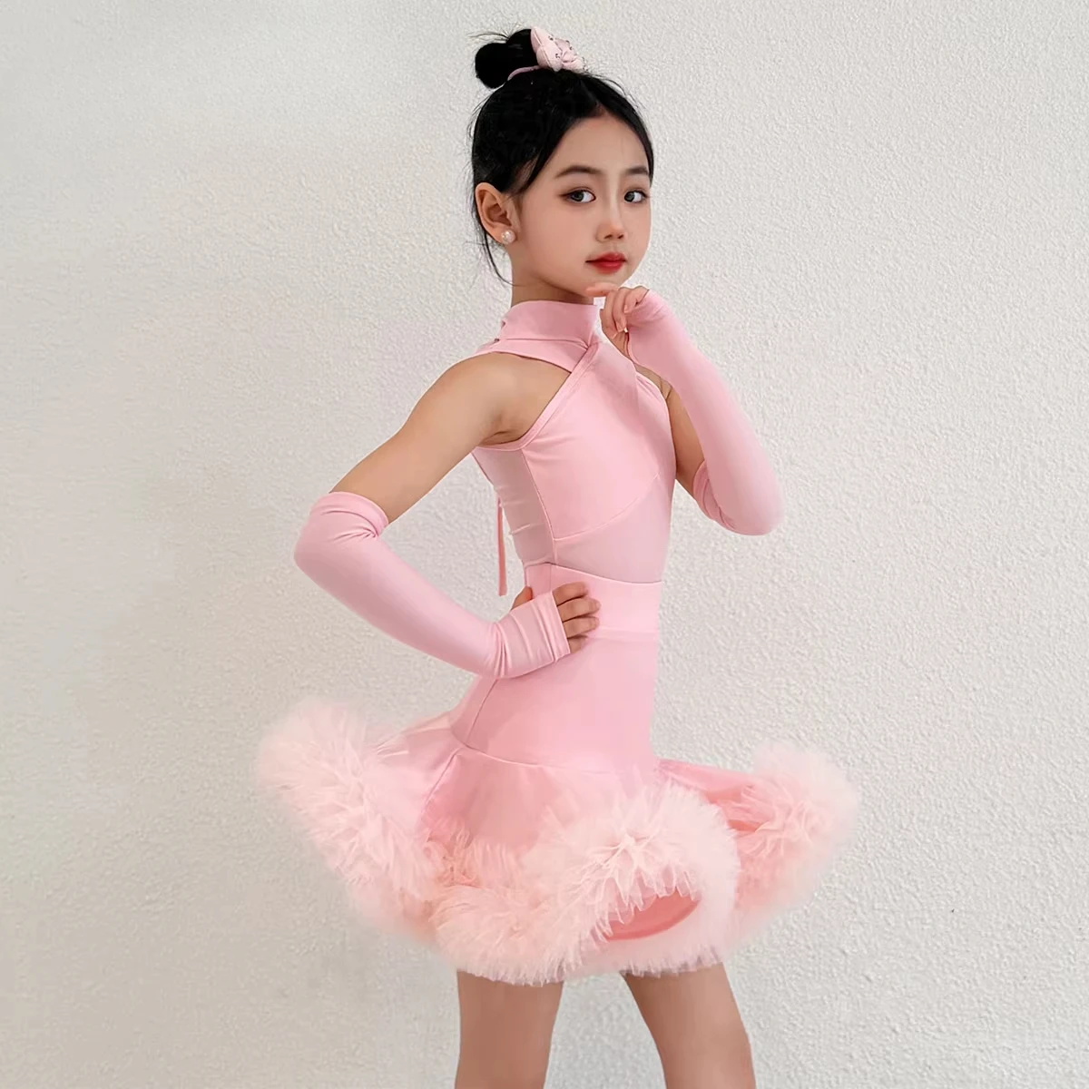 

Розовое платье для латиноамериканских танцев для девочек, детский костюм для бальных соревнований с перекрестным вырезом, детский наряд с рюшами для танго и сальсы, тренировочный костюм