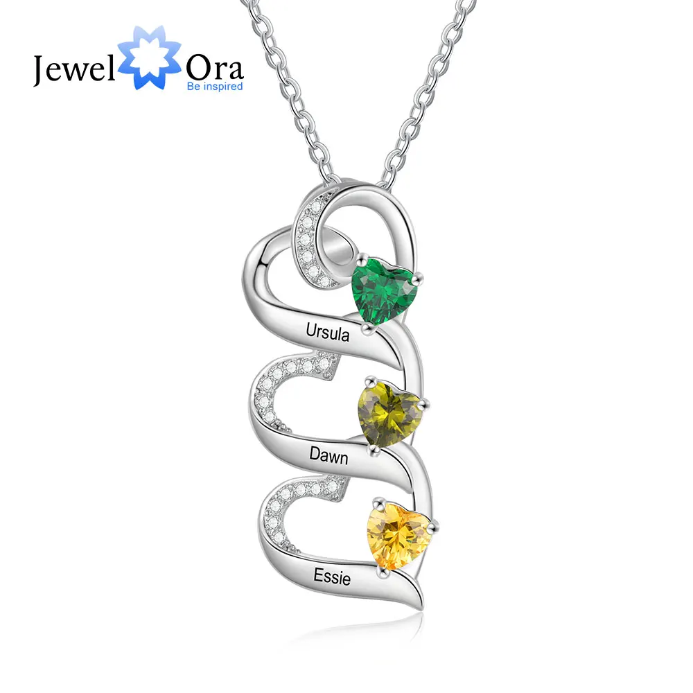 Customized Name Pendant with 3-5 Birthstones Personalized Multi Heart Mom Neck-laces for Women Mothers Day Gifts for Grandmother