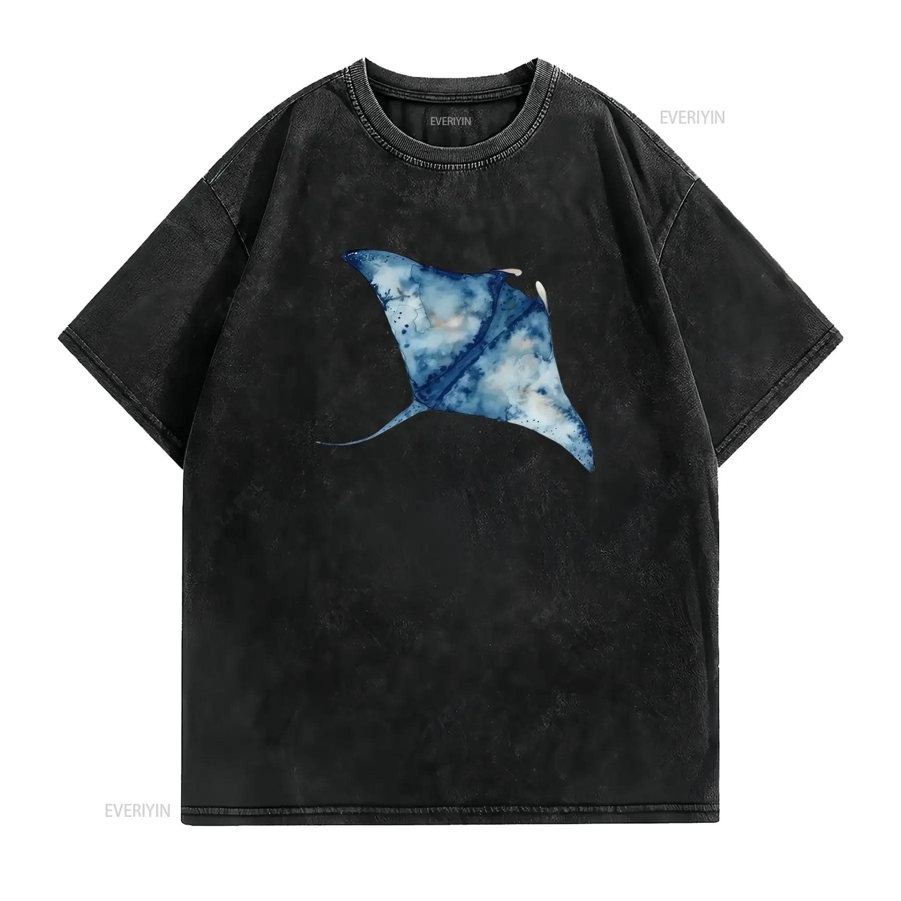 Watercolor Blue Manta Ray Ocean Marine Animal Casual Print T Shirt vintage Washed Soft Versatile homme graphic fashion Unisex