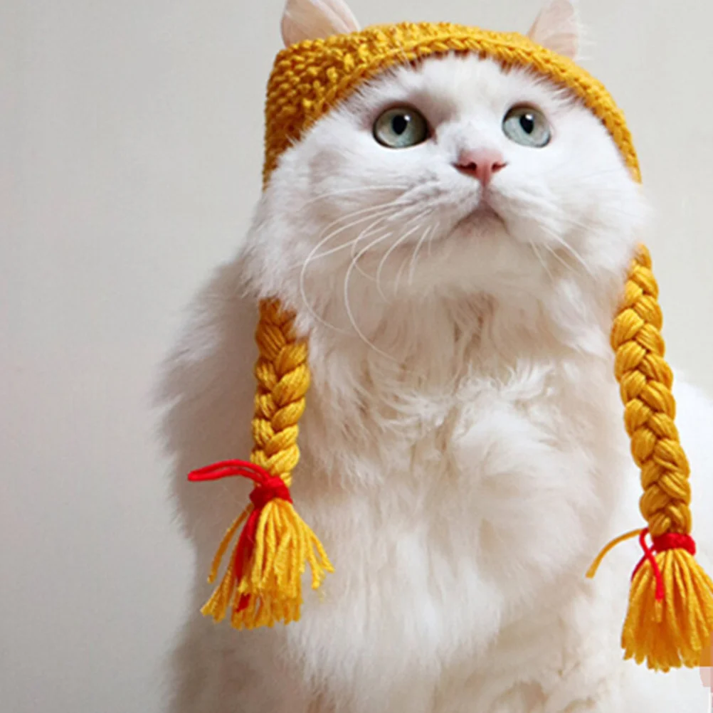 

Braid Knitting Cat Hat Soft Wool Yarn Warm Headwear for Party Photos Fun Holiday Gatherings Pet Hat with Braids