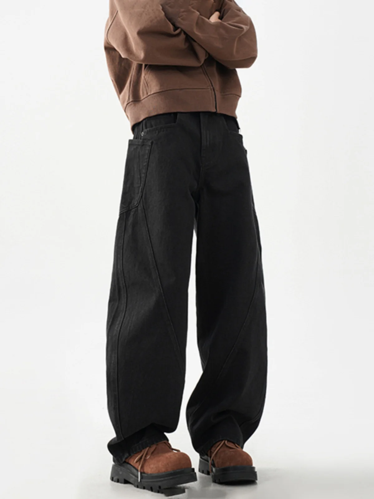 

American Sle Fce Lined Jeans Men's Autumn Winter Loose Baggy Workwear Pants Patchwork High Waist Wide Leg Long Trousers