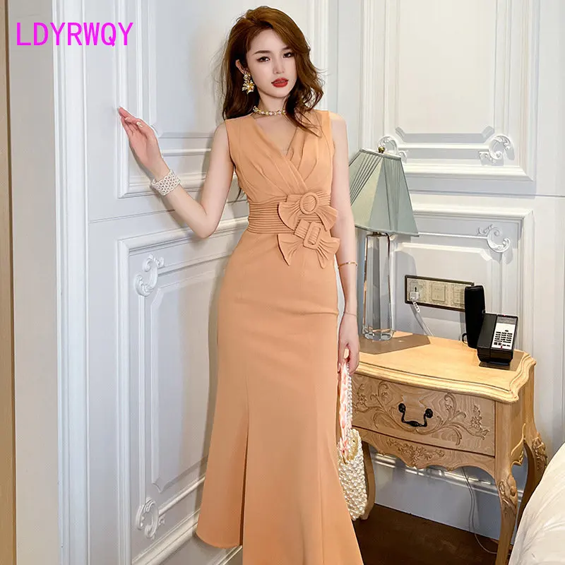 

Celebrity Temperament 2023 Summer New Women's V-neck Bow Tie Waist Wrapped Slim Fishtail Dress