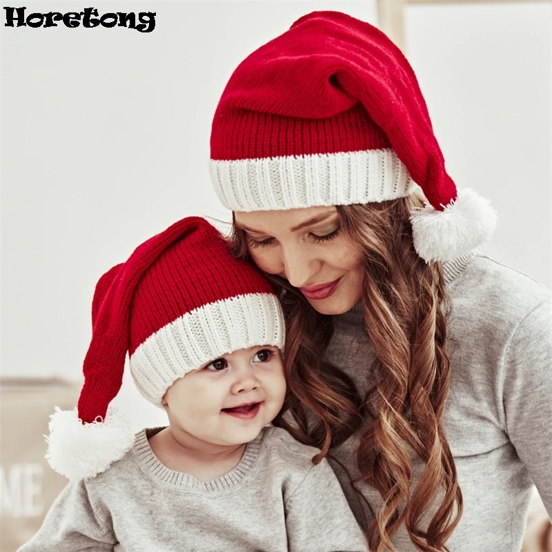 2024 Winter New Parent Child Beanies Christmas Hat Single Ball Acrylic Children Adult Warm Windproof Knitted Hat Color Blocked