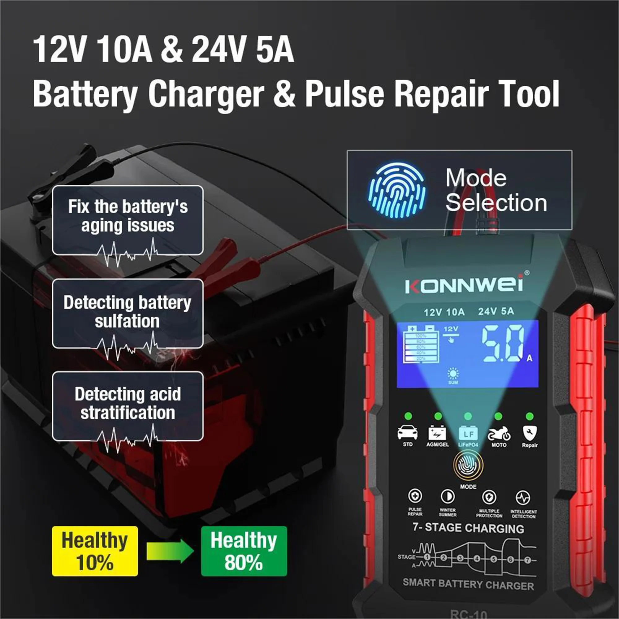 KONNWEI RC-10 24V 5A 12V 10A Full Car Battery Charger Repair Tool Fast Charging Pulse Repair Battery Charger Lead Acid AGM Gel