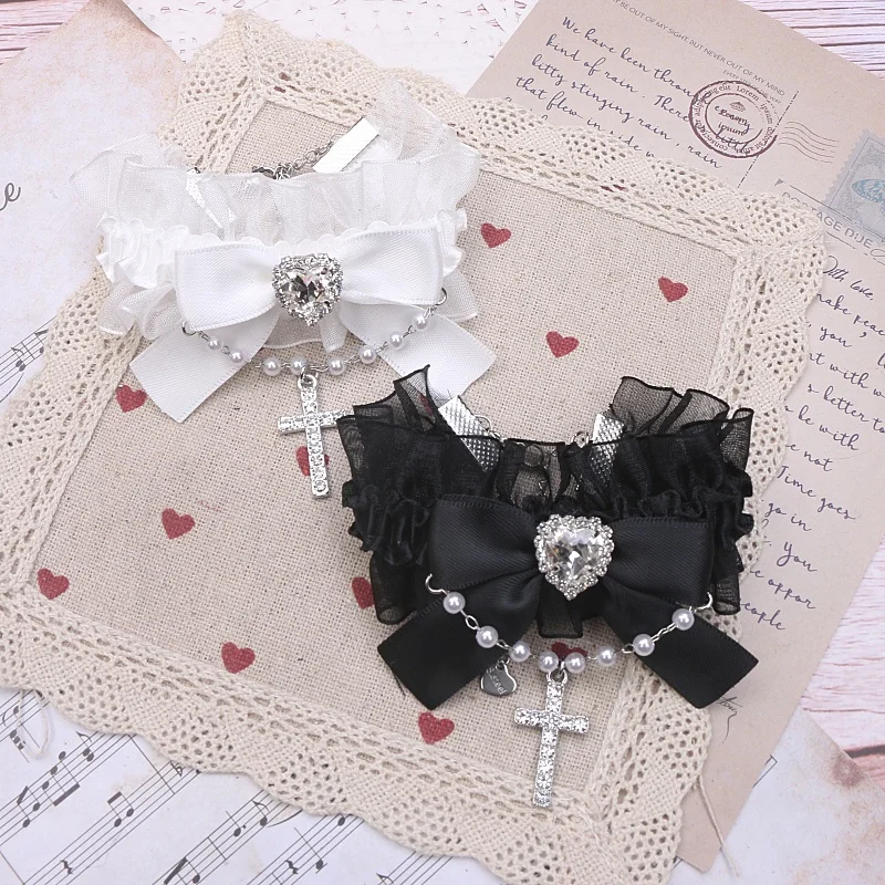 Handmade Japanese Mine Style Sweet Cool Cute Bead Chain Rhinestone Cross Bow Ruffled Bracelet Girl Women's Wristband