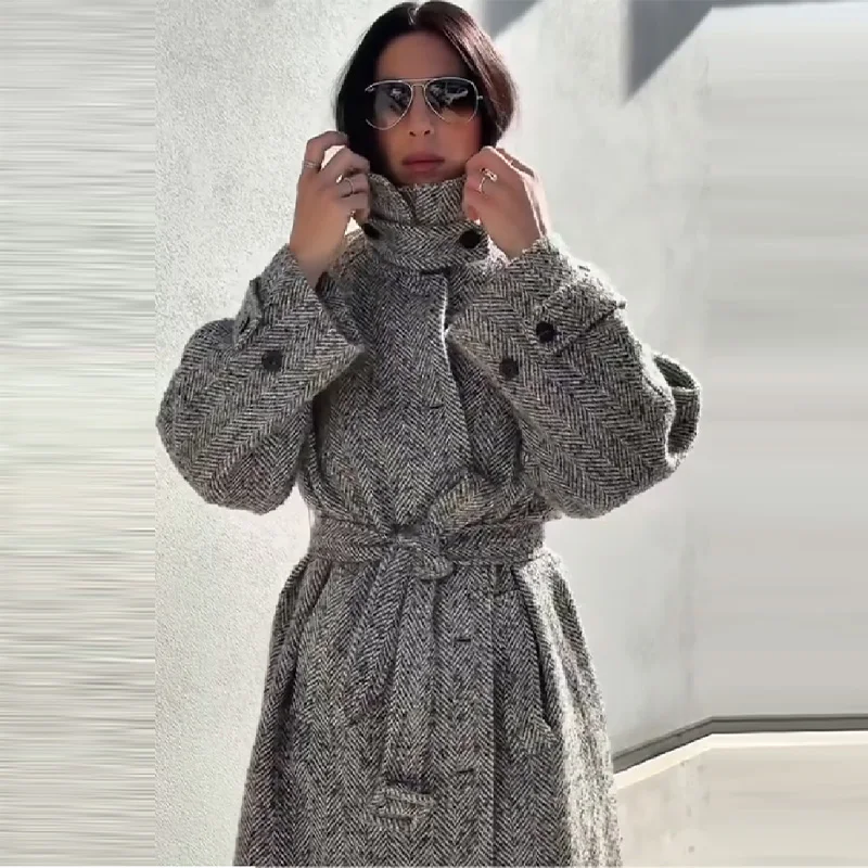 

Женское модное серое длинное теплое пальто с длинными рукавами и воротником-стойкой, регулируемая талия, куртка 2025 года, зимнее уличное пальто