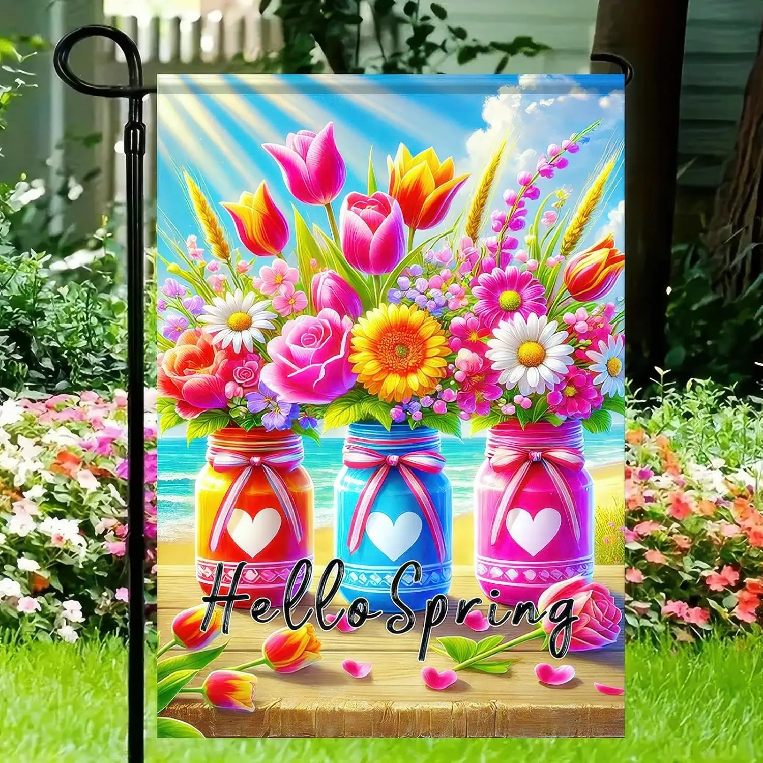 Welcome Spring Summer Garden Flag 12 x 18 Inch Double Sided Flower Small Decorative Garden Flag Floral Mason Jar Beach Coast SSL