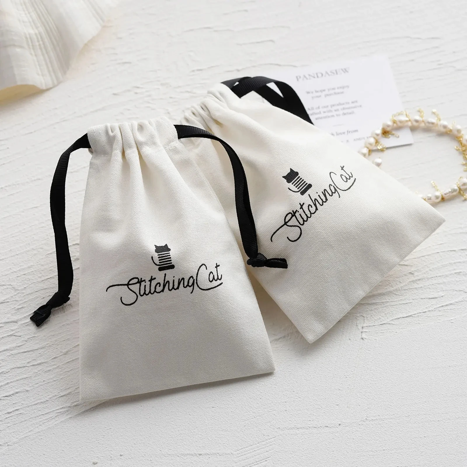 100Pcs Custom Logo Natural White Cotton Bags Earring Necklace Rings Jewelry Packing Pouch Drawstring Sack Holiday Gift Organizer