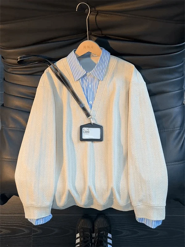 

Men's Long Sleeve Striped Shirt V-Neck Patchwork American Retro Feeling Wheat Pattern T-Shirt Casual Style Spring Season