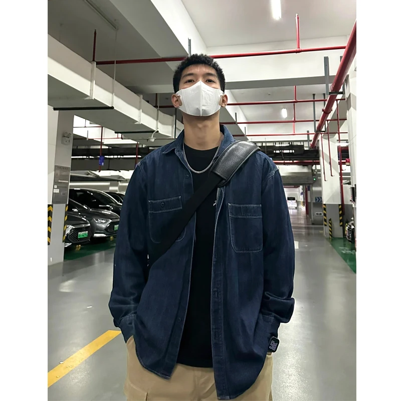 

Deep Blue Men's Denim irt Spring Autumn 2024 New American Workwear Jaet Loose Long Sve Casual Faion Trendy