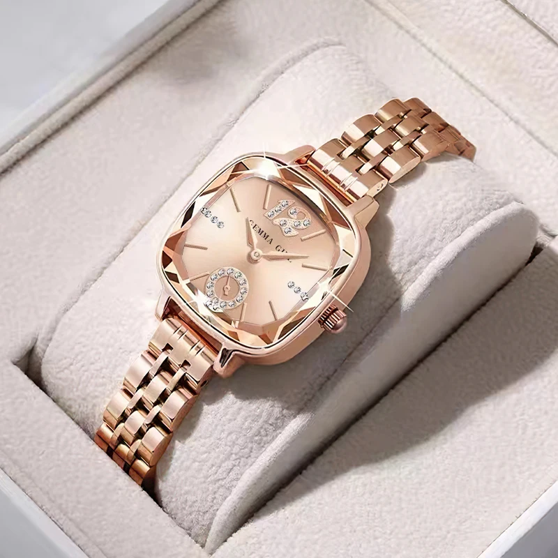 GEEMA GIRL Women Watch Fashion Rose Gold Solid Stainless Steel Strap Ladies Waterproof Square Quarzt Wristwatch Girlfriend Gift