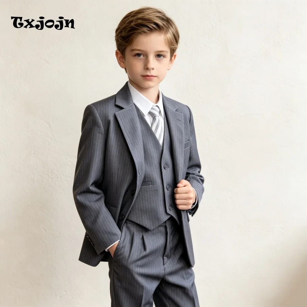 Formal Suit Set for Boys Trend Stripe Homecoming Tuxedo Wedding 3PC Jacket Pants Vest Kids Blazer Set Slim Fit Tailored Outfit