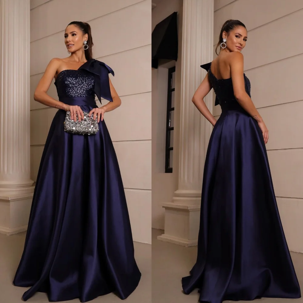 Customized Evening  Sexy Casual  Satin Draped Sequined Valentine's Day A-line One-shoulder Bespoke Occasion Gown Long Dresses