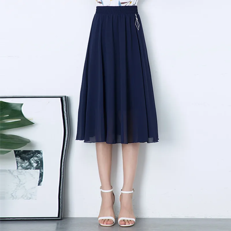 ZUZK Summer Chiffon Skirts For Women New Elastic Waist Fashion Knee-Length Big Swing Chiffon Skirt Cool Droop Skirt Jupe 5Colors