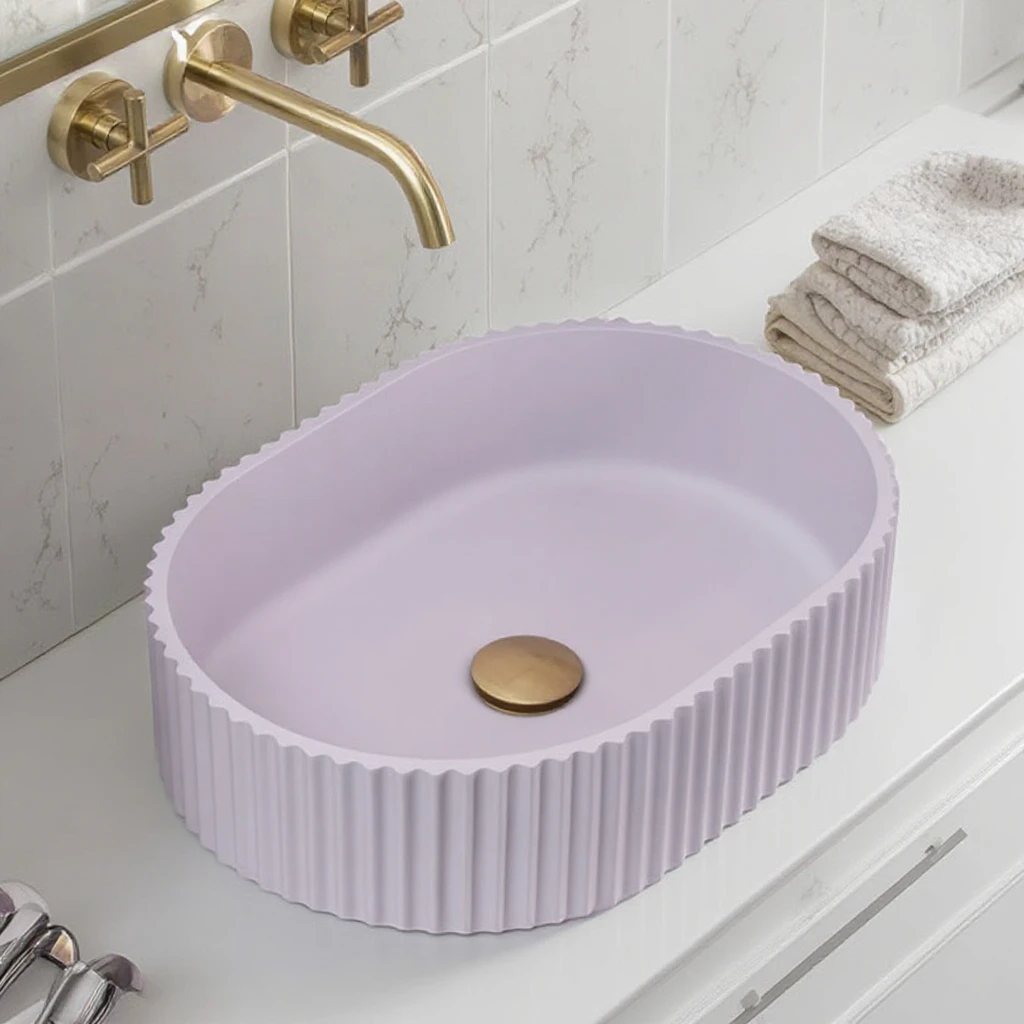 

Modern Orange Purple Green Color Oval Grooved Faux Stone Washroom Sink Washbasin