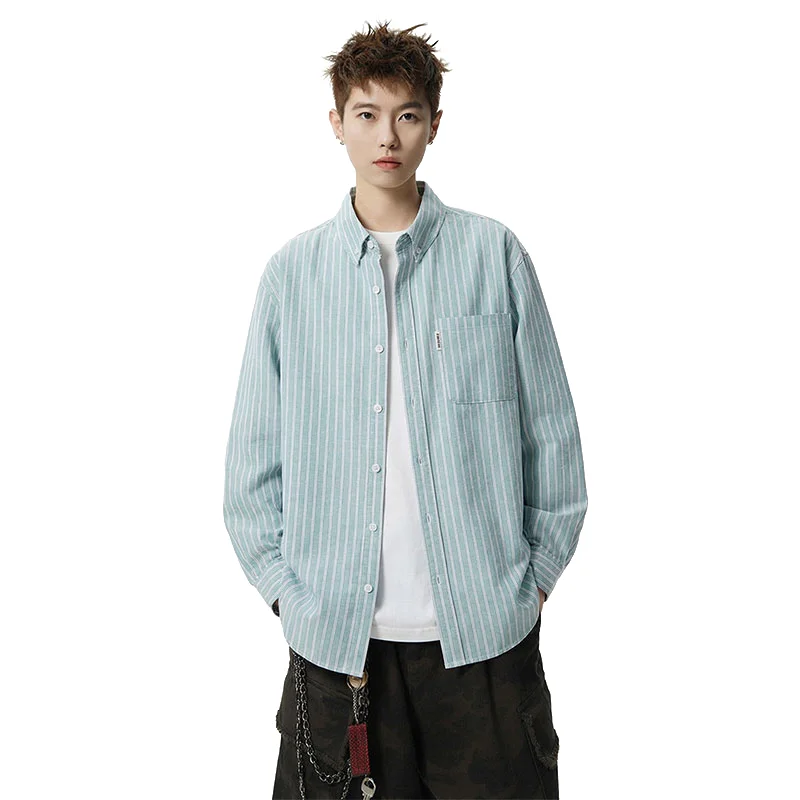 Fashion Men Vintage Striped Shirt Long Sleeve Cotton Blend Casual Top Streetwear Urban Wear Spring Summer Shirt for Daily Outfit