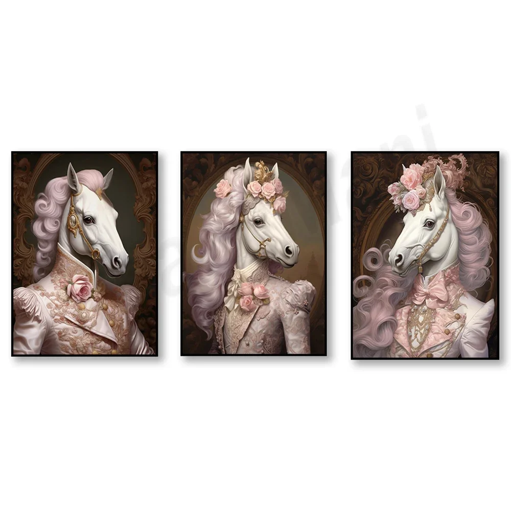 Gorgeous white horse with pink hair, bubblegum hair, renaissance horse, victorian animal portrait, pastel wall decoration poster