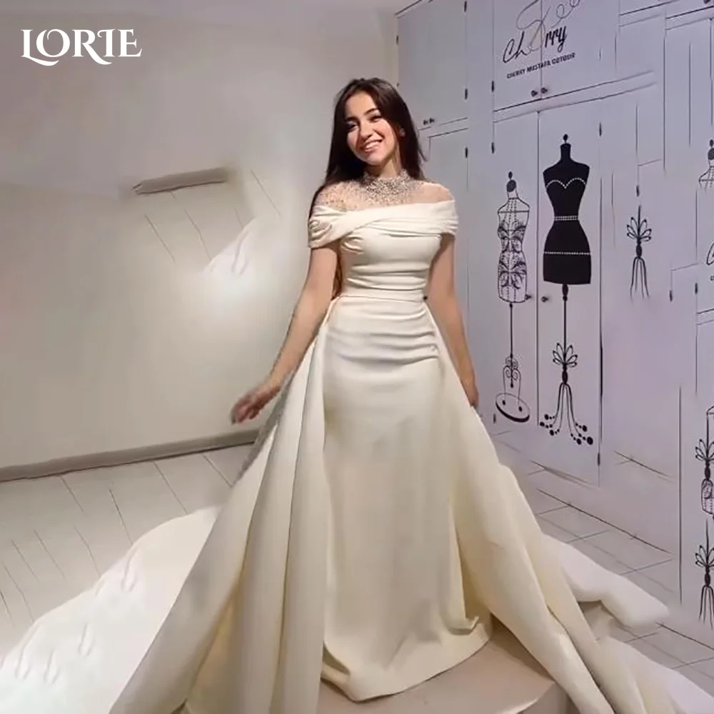

LORIE High Collar Pearls Mermaid Wedding Dress Pleats Long Sleeve Muslim Bridal Gown Customized Bride DressSaudi Dress Dubai