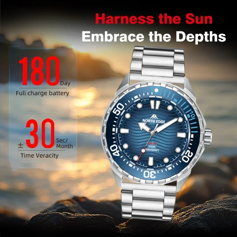 NORTH EDGE TRITON Solar Powered Dive Watch Men Stainless Steel Case Luxury Digital Watches For Men Waterproof 300M  Relogio