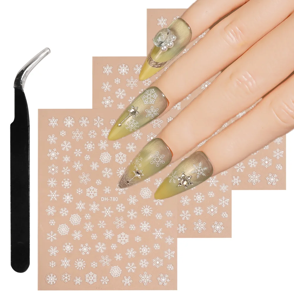 

1/5/10pcs White Snowflake Nail Stickers Winter Theme 3D Flat Nail Art Decals DIY Manicure Decoration Supplies with Tweezers