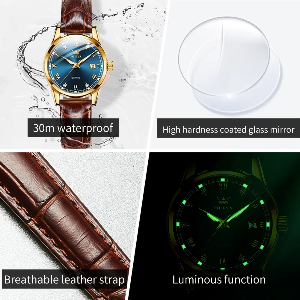 OLEVS 2025 New Fashion Womens Watches Top Brand Luxury Leather Strap Waterproof Luminous Hands Calendar Quartz Watch for Women