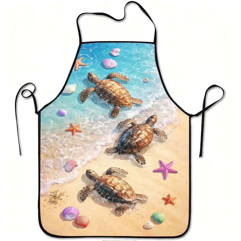 1pc Apron Featuring Sea Turtles, Starfish, And Seashells with an Ocean Print, Made from Durable And Easy-To-Clean Polyester. It